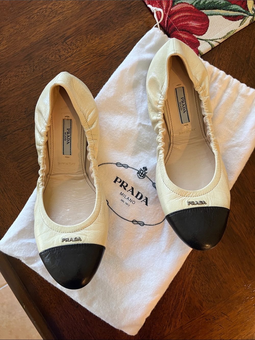 Prada Two-Tone Leather Cap-Toe Ballet Flats in Cream and Black